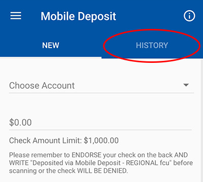 Screenshot of mobile app with "HISTORY" circled in red