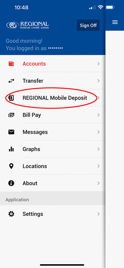 Step 1: Select REGIONAL Mobile Deposit from the menu