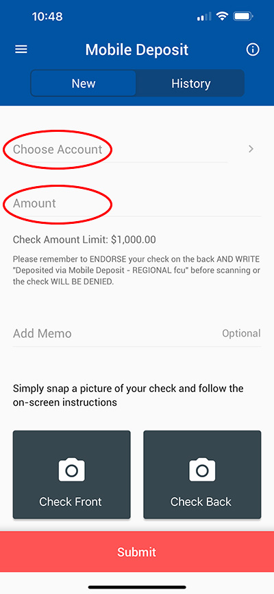 Step 3: Select the account you are depositing to and enter the amount of the check.